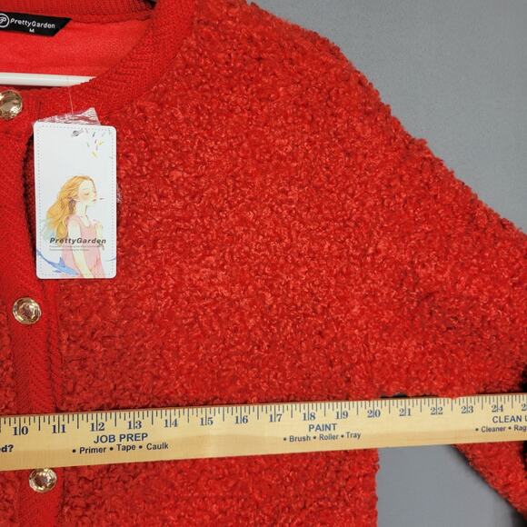 Pretty Garden Fuzzy Cardigan Womens M Red Button Front Faux Fur Shearling New - Picture 7 of 13